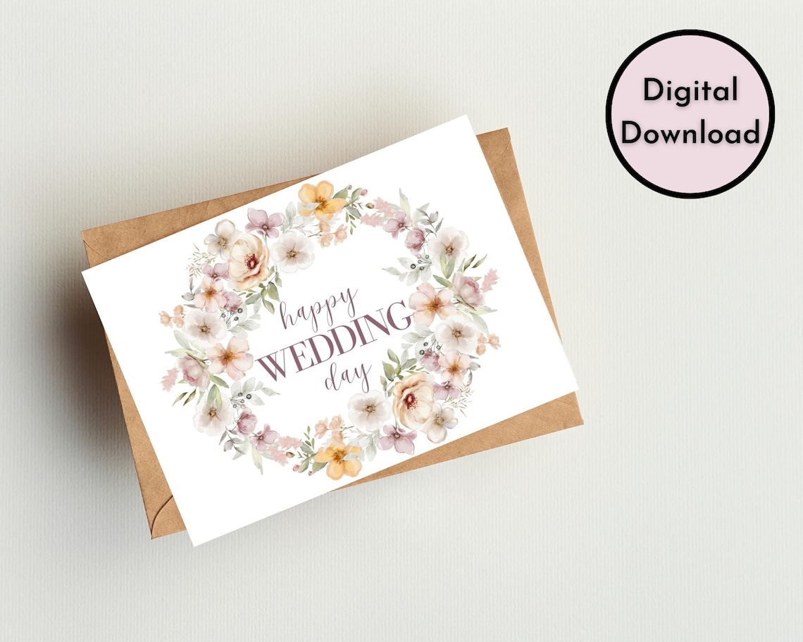 Floral Happy Wedding Day Card DIGITAL Download Printable Wedding Card ...