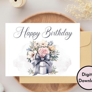 Cartão de feliz aniversário floral - Download DIGITAL - Cartão de aniversário elegante para impressão com presente floral em aquarela - Cartão de feliz aniversário para impressão