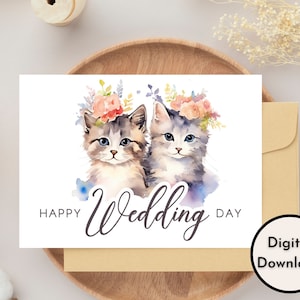 Floral Cats Happy Wedding Day Card - DIGITAL Download - Printable Wedding Card - Printable Wedding Congratulations Card - Printable Card