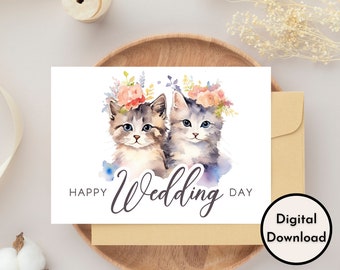 Floral Cats Happy Wedding Day Card - DIGITAL Download - Printable Wedding Card - Printable Wedding Congratulations Card - Printable Card