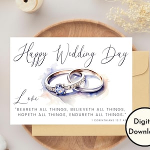 Happy Wedding Day Card - Téléchargement NUMÉRIQUE - Carte de mariage chrétien imprimable - Carte de félicitations de mariage imprimable - 1 Corinthiens 13:7