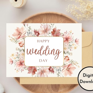 Tarjeta floral feliz día de la boda - Descarga DIGITAL - Tarjeta de boda imprimible - Tarjeta de felicitación de boda imprimible - Tarjeta imprimible