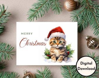 Tarjeta de Feliz Navidad - Descarga DIGITAL - Hermosa tarjeta de Navidad imprimible con un lindo gato - Imprimir 8.5 pulgadas por 11 pulgadas - Cortar a 5 pulgadas por 7 pulgadas