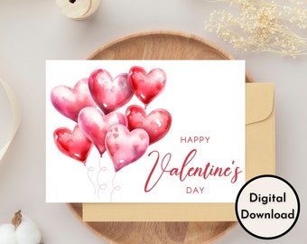 Happy Valentine's Day Card - DIGITAL Download - Printable Valentine's Card Featuring Colorful Heart Balloons - Printable Valentine's Card