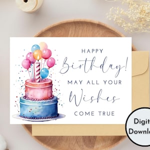 Cartão de feliz aniversário - Download DIGITAL - Cartão de aniversário para impressão com bolo de aniversário com vela - Cartão de feliz aniversário para impressão