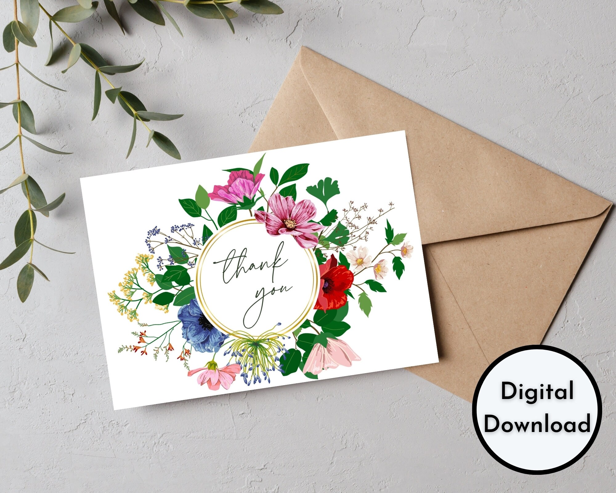 Floral Thank You Card - DIGITAL Download - Beautiful Printable Floral ...