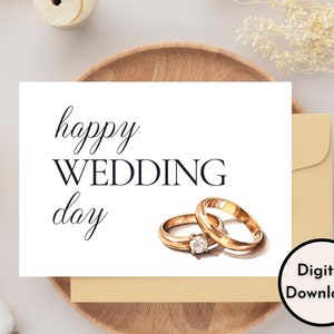 Cartão elegante de feliz dia de casamento - Download DIGITAL - Cartão de casamento para impressão com imagem de anéis de ouro - Cartão de parabéns de casamento para impressão