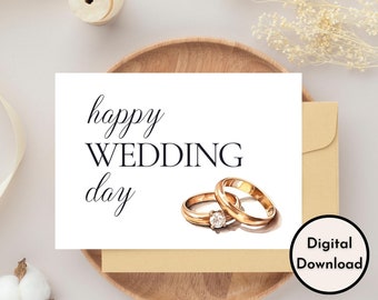 Elegant Happy Wedding Day Card - DIGITAL Download - Printable Wedding Card with Image of Gold Rings  -Printable Wedding Congratulations Card