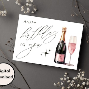 Cartão elegante de feliz aniversário para você - Download DIGITAL - Cartão de aniversário elegante para impressão - Cartão de feliz aniversário para impressão com champanhe rosa