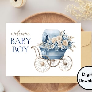 Welcome Baby Boy Card - DIGITAL Download - Printable Welcome Baby Boy Card - Printable Elegant Baby Boy Card avec Blue Floral Baby Carriage