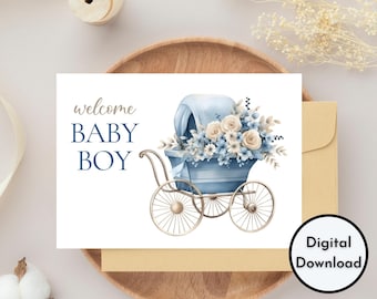 Welcome Baby Boy Card - DIGITAL Download - Printable Welcome Baby Boy Card - Printable Elegant Baby Boy Card with Blue Floral Baby Carriage