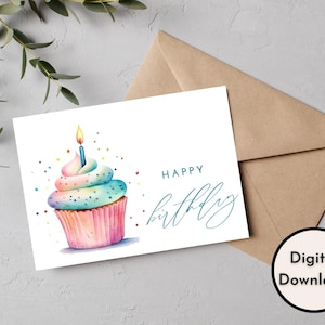 Happy Birthday Card DIGITAL Download Printable Birthday Card Featuring Colorful Cupcake Printable Happy Birthday Card Printable Card zdjęcie 2
