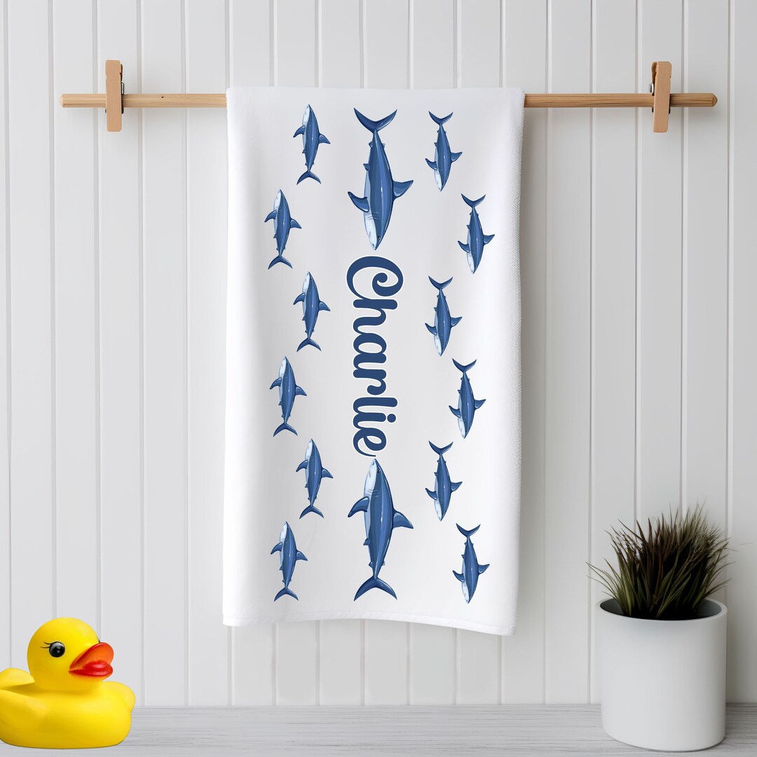 Children's Bath Towel, Custom Name Beach Towel, Shark Lover Gift ...