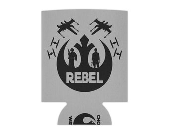 May include: A gray can cooler with a black Rebel Alliance symbol, featuring silhouettes of Princess Leia and Han Solo, and X-wing starfighters. The text "REBEL" is printed in white inside the symbol.