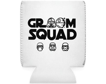 May include: White can cooler with black text that reads "Groom Squad" and features Star Wars characters Darth Vader, a Death Star, and Stormtroopers.