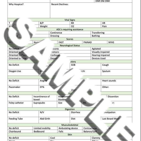 Hospice Admission Sheet