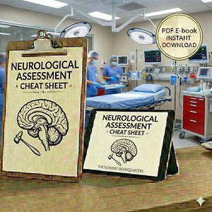 May include: Two "Neurological Assessment Cheat Sheet" printables. One is a clipboard, the other is a stand-up sign. Both feature a brain illustration and a medical hammer. The text "PDF E-book Instant Download" is in a gold circle.