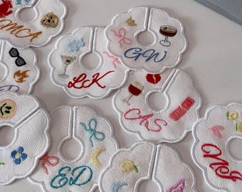Custom Embroidered Wine Glass Tag, House Warming Gift, Bachelorette Party Favors