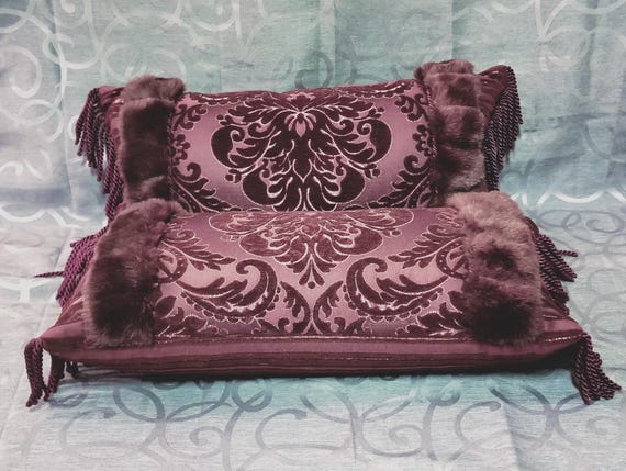 Rectangular Burgundy Plum Or Purple Tassel Faux Fur Reversible Throw  Pillows