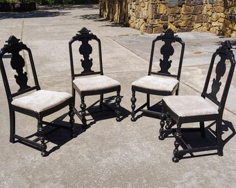 4 Distressed Ebonized Historical Era Jacobean Revival Dining Chairs Bun Feet