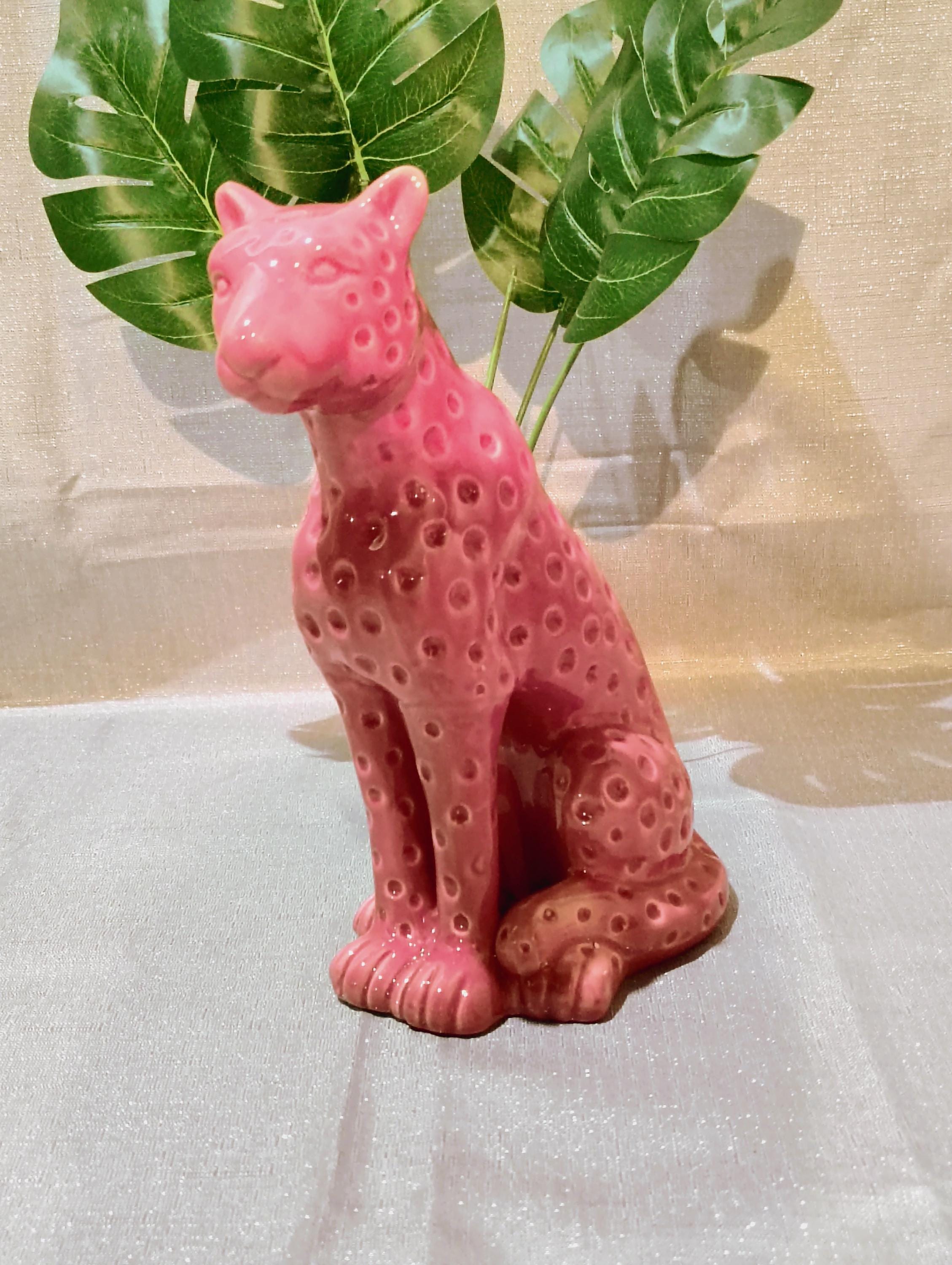 10in Pink Leopard Cat Wild Animal Statue