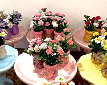 1:12 Dollhouse Miniature Flowers in Hand-Painted Wooden Pots and Vases