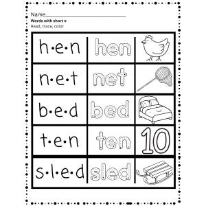 May include: Black and white worksheet with short e words. The words are hen, net, bed, ten, and sled. Each word is spelled out with the letters separated by dashes. There is a picture next to each word. The pictures are a hen, a net, a bed, the number 10, and a sled.