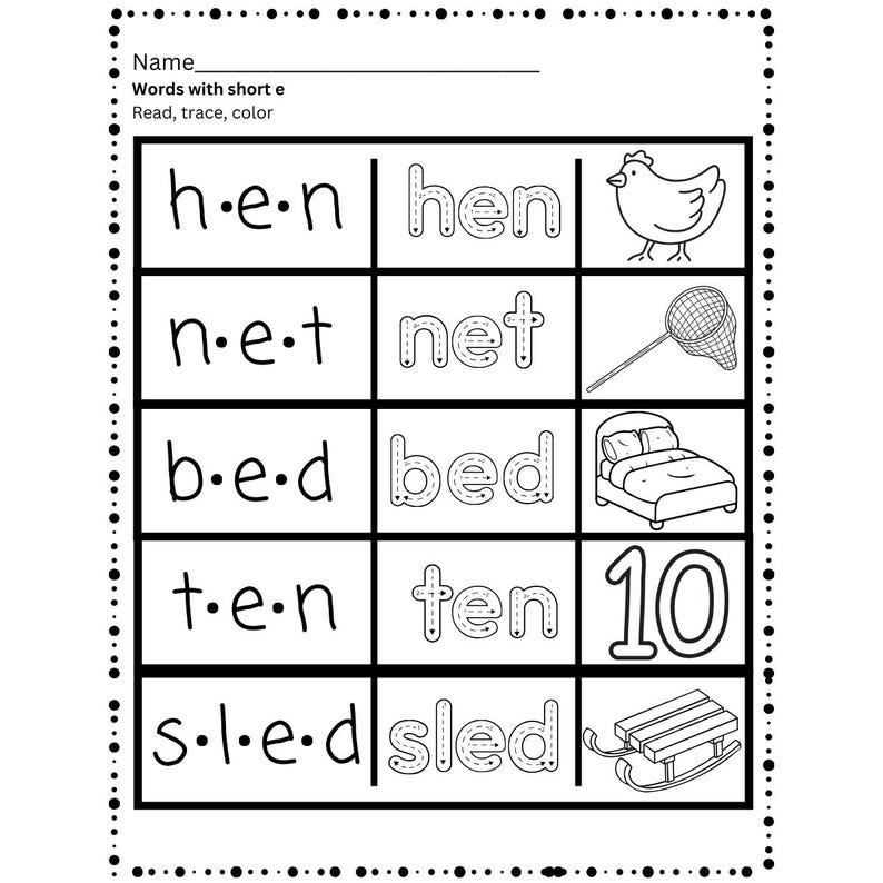May include: Black and white worksheet with short e words. The words are hen, net, bed, ten, and sled. Each word is spelled out with the letters separated by dashes. There is a picture next to each word. The pictures are a hen, a net, a bed, the number 10, and a sled.