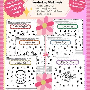 May include: A pink and white educational worksheet set for alphabet identification and handwriting recognition. The worksheets feature letter tracing, with illustrations of an apple, bat, cat, dog, edge, and fish. The text includes "Printable worksheets for all 26 letters."