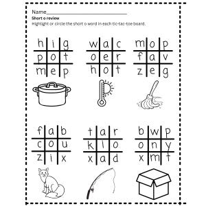 May include: A worksheet with three tic-tac-toe boards. Each board has three rows and three columns with letters that make words. The goal is to circle the short "o" word in each board. There are also pictures of a pot, a thermometer, a mop, a fox, a fishing rod, and a box.