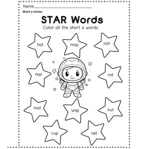 May include: Black and white worksheet with a cartoon astronaut and stars. The worksheet has the words "STAR Words" and "Color all the short a words."  The words "hat", "map", "not", "nap", "rat", "mat", "wag", "nut", "cup", and "net" are written in stars.