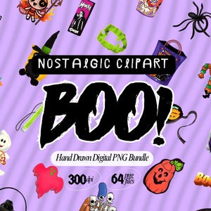 90s Y2K Halloween clipart bundle | retro nostalgic PNG stickers with ghosts, pumpkins, Furby, candy, and spooky decorations