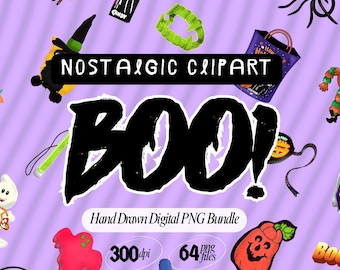 Retro 90s Y2K Halloween Clipart Bundle, Nostalgic PNGs, Instant Download, Hand-Drawn Digital Stickers for Scrapbooking, Crafts, Planners, CL