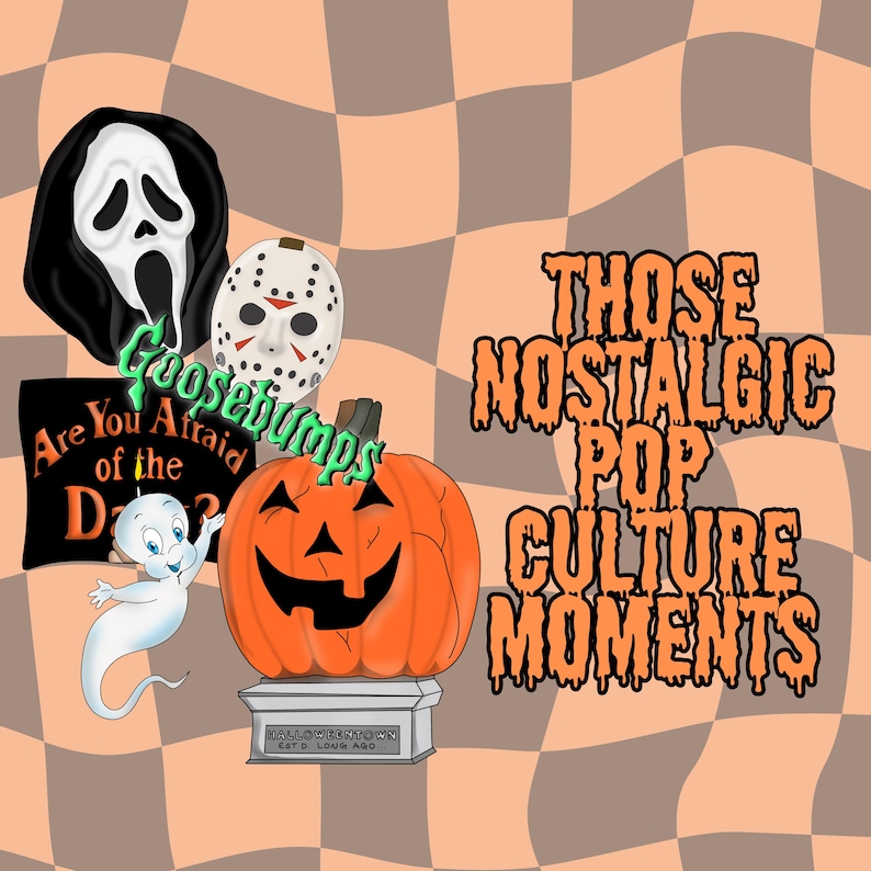 90s Halloween pop culture clipart | Goosebumps, Casper, Jason mask, Scream ghost mask, Are You Afraid of the Dark digital PNG stickers