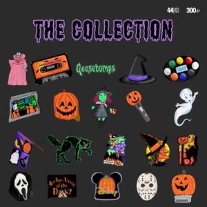 Nostalgic 90s Halloween clipart collection | Goosebumps, Casper ghost, Jason mask, Are You Afraid of the Dark, Disney Halloween pumpkin, witches and cats