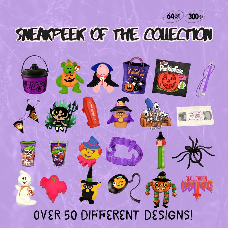 Over 50 hand-drawn Halloween clipart designs | 90s nostalgic PNG stickers with TY Beanie Bear, spooky candy, witches, and retro trick-or-treat ephemera