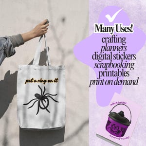 Halloween digital clipart mockup | printable spider ring design on tote bag | retro PNG bundle for scrapbooking and planners