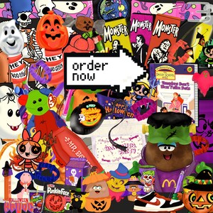Large collage preview of 90s Halloween clipart bundle | nostalgic PNG stickers with ghosts, pumpkins, candy, VHS tapes, and retro decorations