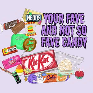 Retro 90s Halloween candy clipart bundle | hand-drawn PNG stickers with KitKat, Nerds, Tootsie Roll, candy corn, Pillsbury cookie dough, and popcorn bag