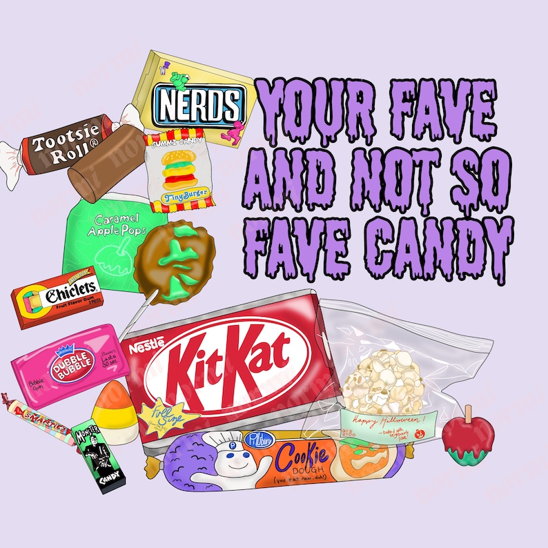 Retro 90s Halloween candy clipart bundle | hand-drawn PNG stickers with KitKat, Nerds, Tootsie Roll, candy corn, Pillsbury cookie dough, and popcorn bag