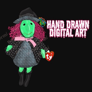 Hand-drawn 90s Halloween clipart | nostalgic TY Beanie Baby witch doll digital PNG sticker