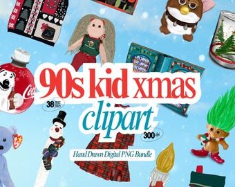 90s Christmas Nostalgia Stickers | Retro Y2K Digital Clipart Pack | Hand-Drawn Holiday Art | 38 Vintage Designs for Planners & Crafts| toys