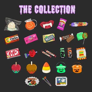 Retro 90s Halloween candy clipart PNG bundle | Nerds, KitKat, Chiclets, Tootsie Roll, candy corn, caramel apple, bubble gum, and spooky treats
