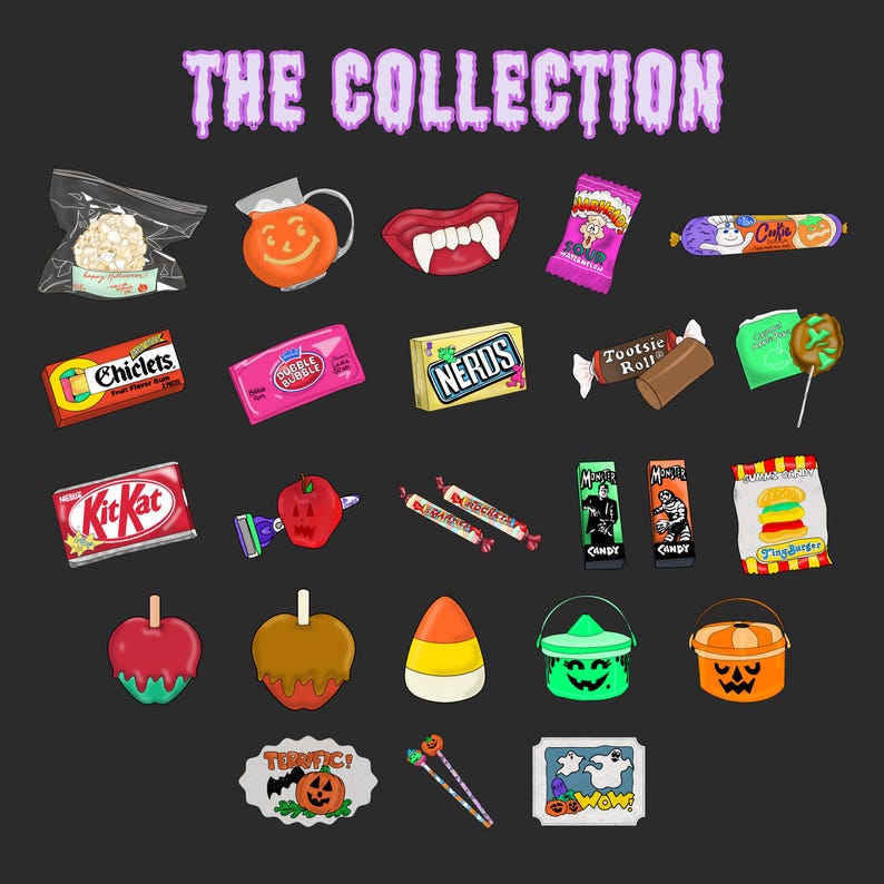 Retro 90s Halloween candy clipart PNG bundle | Nerds, KitKat, Chiclets, Tootsie Roll, candy corn, caramel apple, bubble gum, and spooky treats