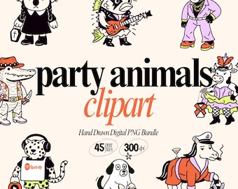 Clipart med partydjur: Handritade djurkostymer, PNG-klistermärken (digital nedladdning)