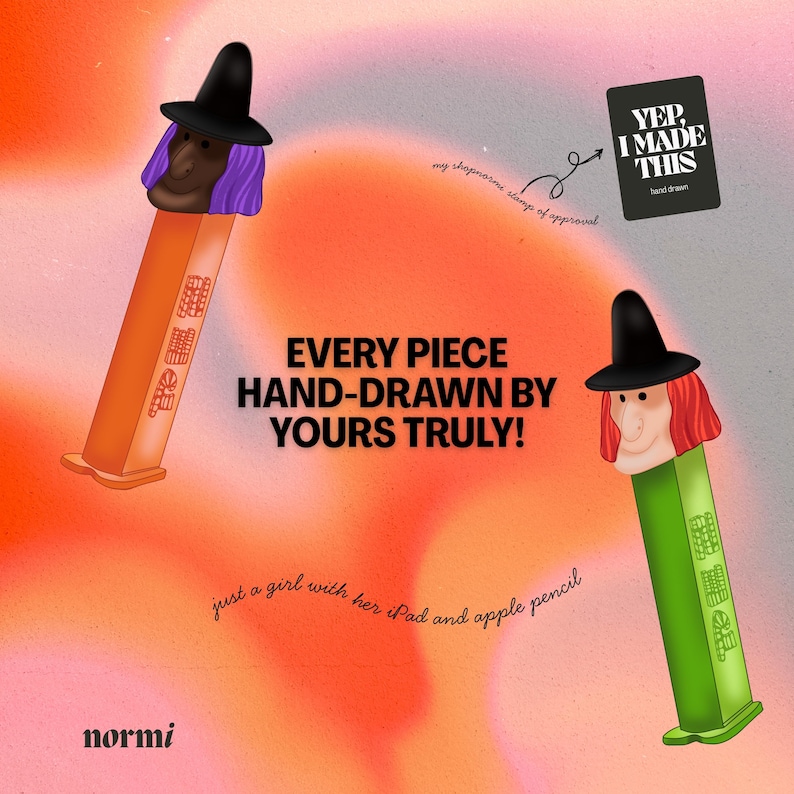 Hand-drawn 90s Halloween clipart | retro witch PEZ dispenser PNG stickers for scrapbooking and digital journaling