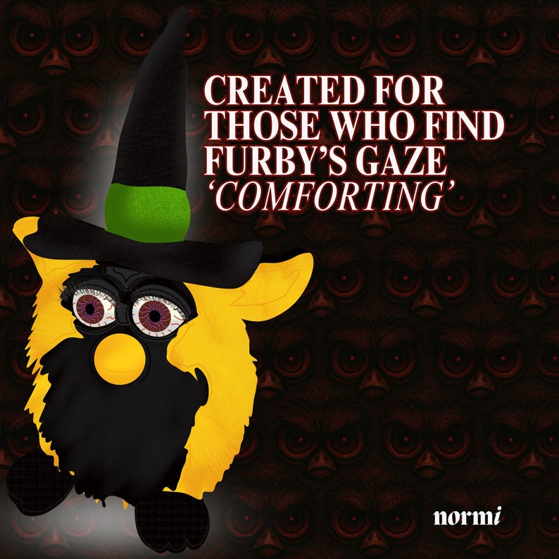 90s Furby Halloween clipart with witch hat | spooky retro PNG sticker for nostalgic digital crafts and junk journals