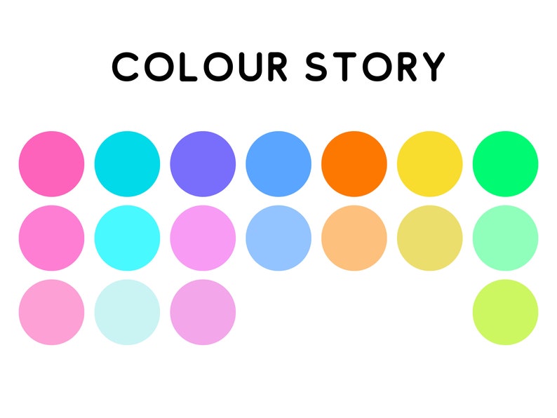 Colour Story: Pink, Aqua,Neon Purple, Millennial Blue, Orange, Yellow and Neon Green