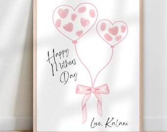 DIY Muttertagsgeschenk, Fingerabdruck Handwerk für Kinder und Baby, Geschenkidee in letzter Minute, Luftballons Rosa Schleife, druckbare Vorlage, INSTANT DOWNLOAD