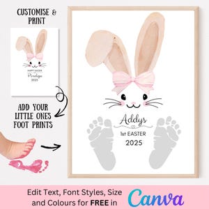 Arte de huellas de Pascua / Manualidades de Pascua para niños / Recuerdo de huellas / Conejito de Pascua / Lazo rosa / Imprimible de Pascua / Tarjeta DIY